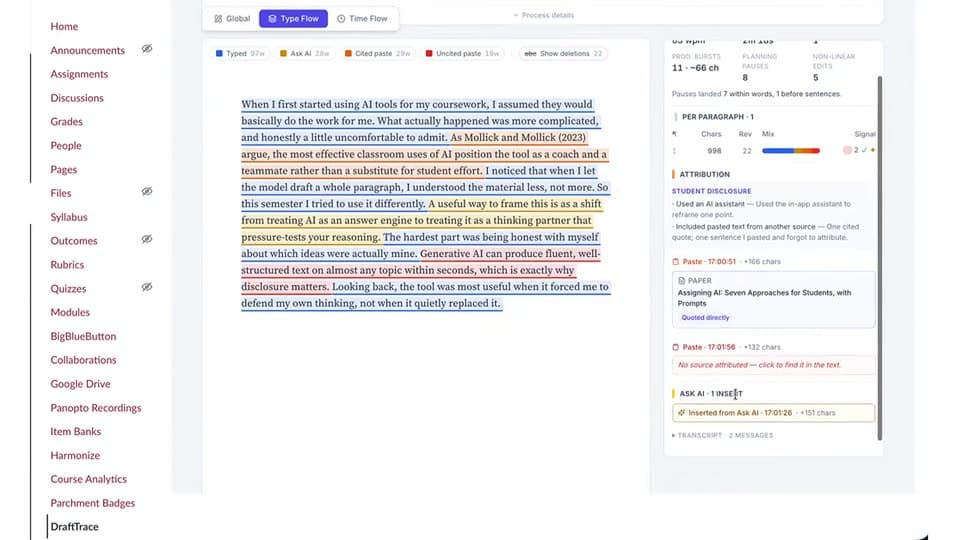 DraftTrace writing analysis showing typed text, AI assistance, cited passages, and attribution evidence